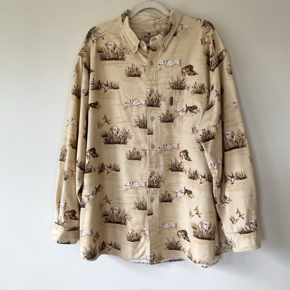 Vtg 90s Woolrich Duck Hunting Dog Flannel Button Down Men’s XXL Lab Tan Brown
